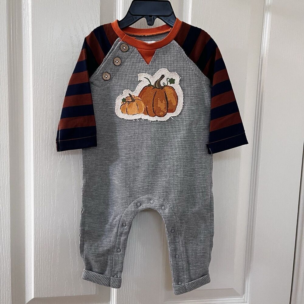 Mud Pie Applique Pumpkin Waffle Knit Jumpsuit Romper Boys Size 3-6 Months NWT